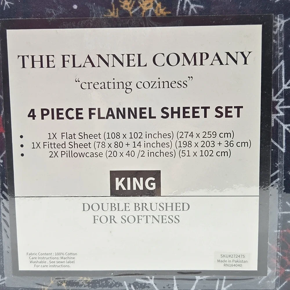 King Size Winter Cozy Cotton Flannel Sheet Set Snowflakes‎ Printed Heavy Weight